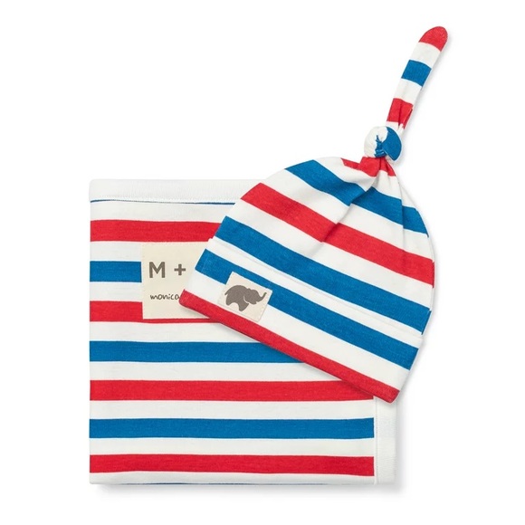 M+A by Monica + Andy Baby First Hello Blanket + Cap Organic Set, Red White Blue - Picture 8 of 12